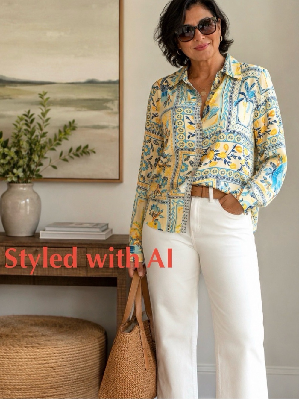 Rachel Zoe Tropical Tile Print Blouse Blue Yellow Button Front Size Large